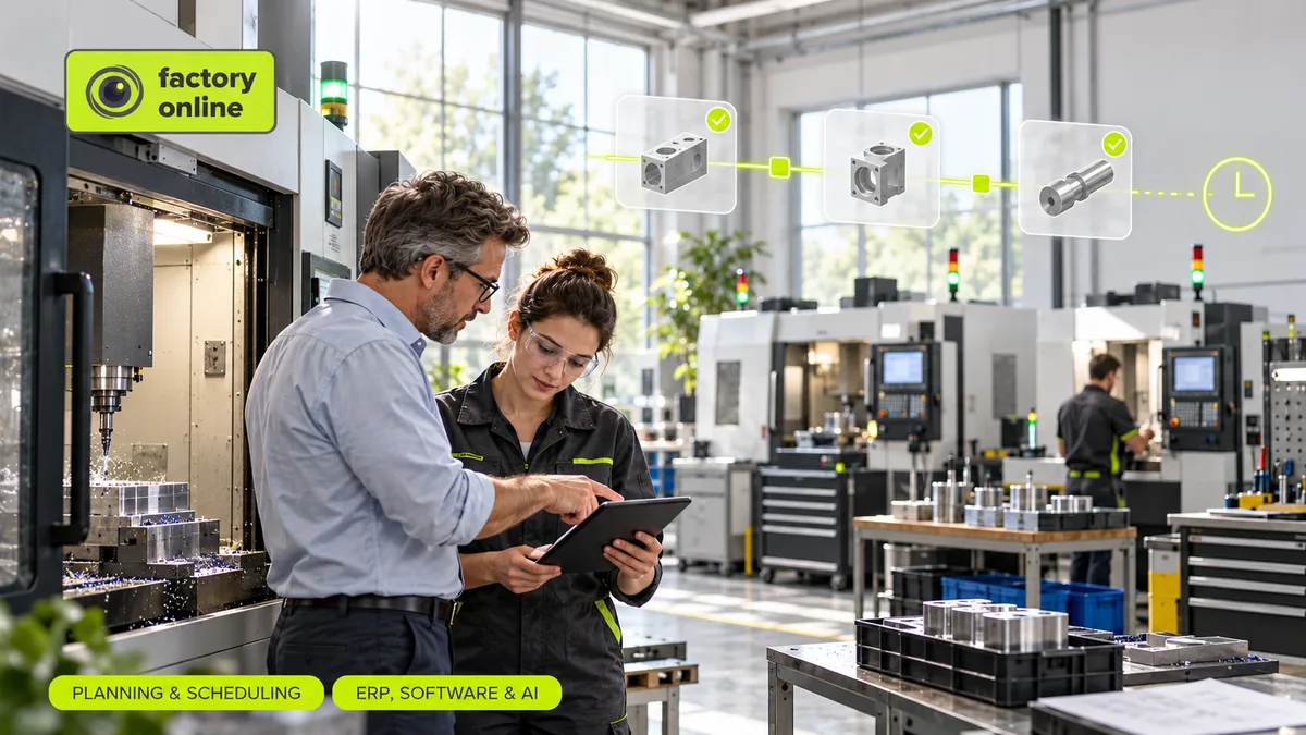 Illustrazione isometrica per Software di schedulazione della produzione per piccoli produttori: cosa conta davvero