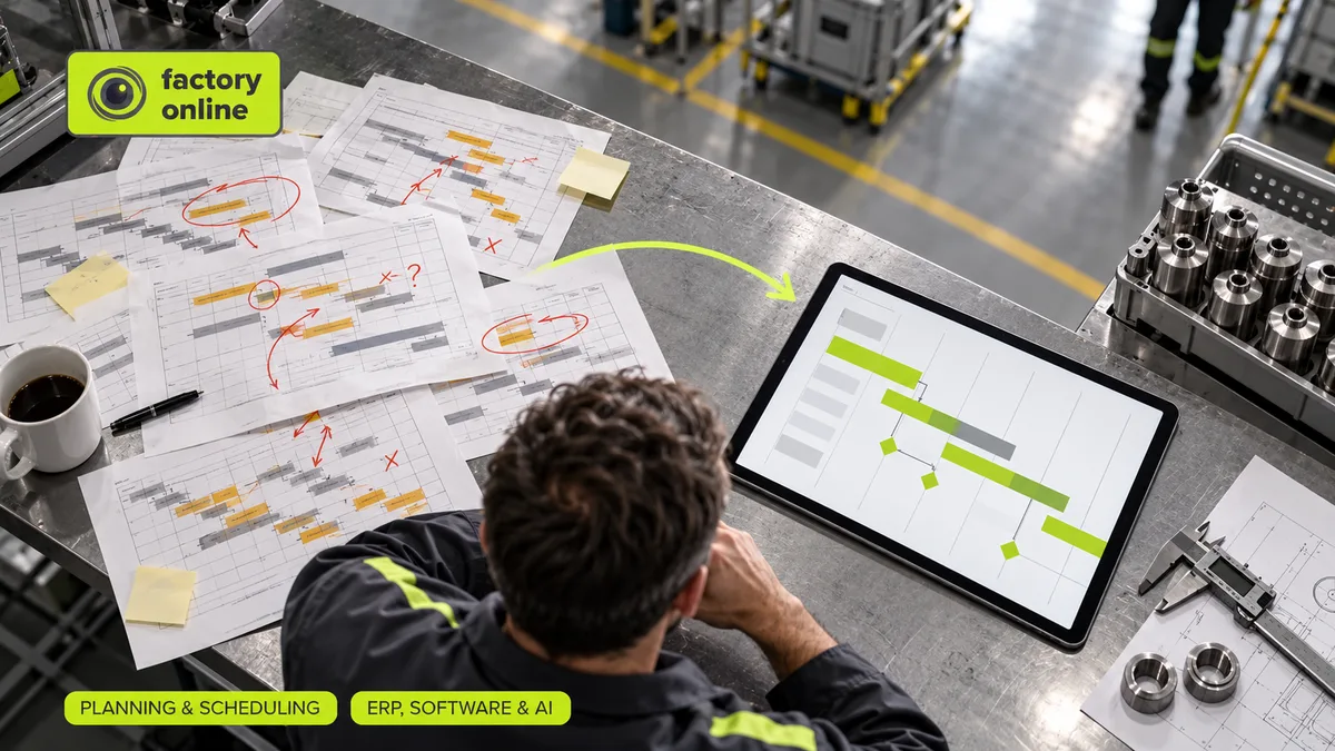 Illustrazione isometrica per Modelli di pianificazione della produzione vs Software di schedulazione: quando cambiare