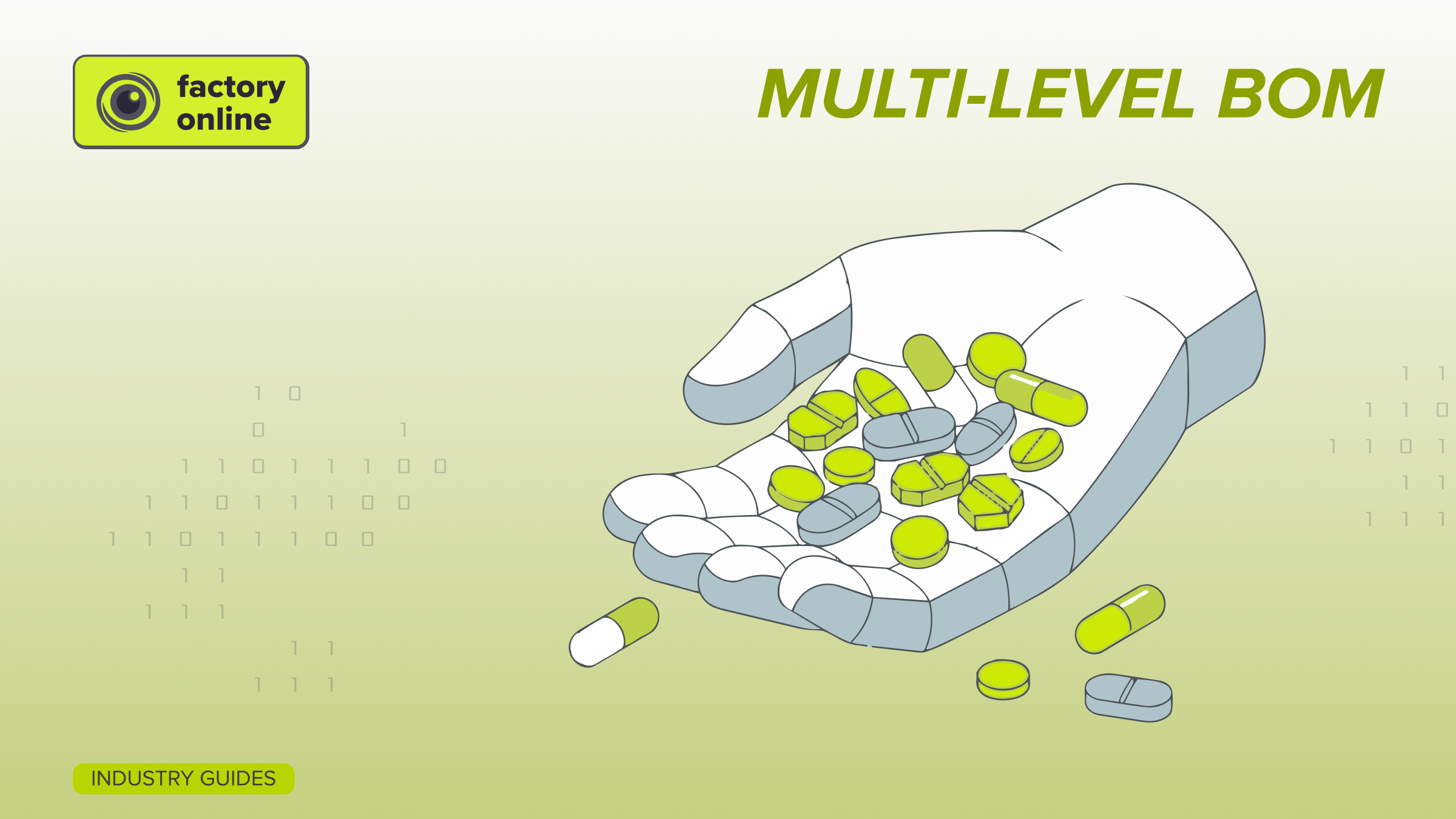 Illustrazione isometrica per Gestione delle BOM multilivello nel farmaceutico: controllo di precisione su formulazioni complesse e potenza dell'API